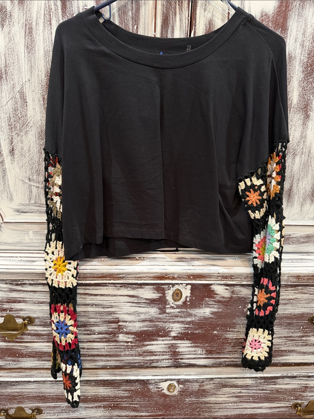 entro Black Cropped Top with Multicolor Crochet Sleeve Panels